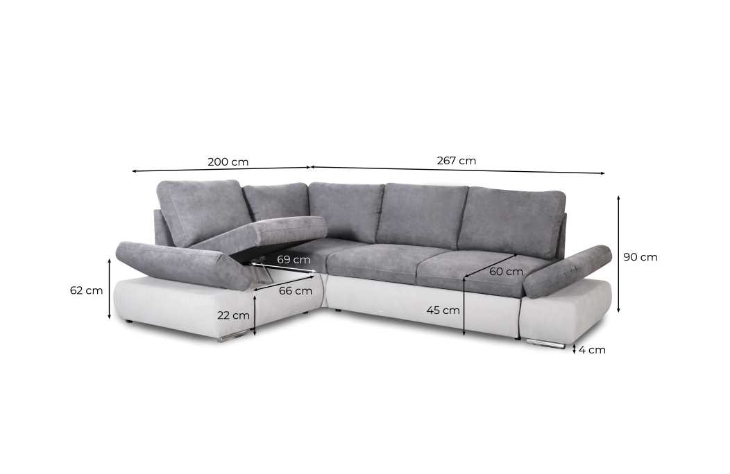 Canapé d'angle SEBASTIAN Réversible et Convertible avec coffre en simili et tissu