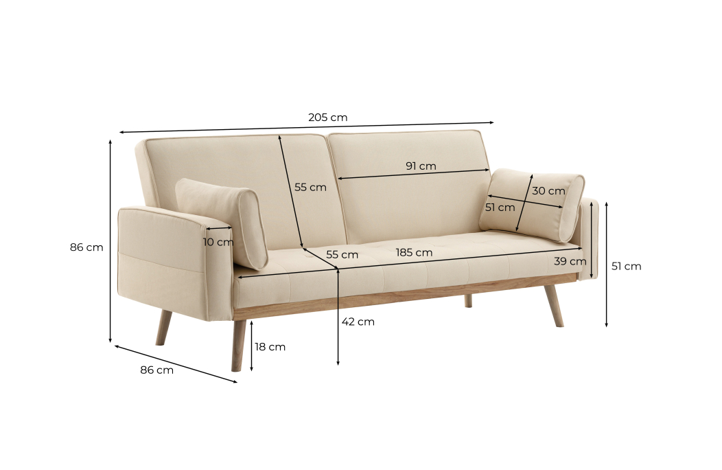 Canapé droit KENT convertible style sandinave 3 places en tissu
