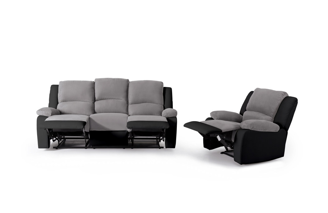 Ensemble de Canapés Relaxation manuel 3 places et 1 place Microfibre Grise / Simili Noir DETENTE