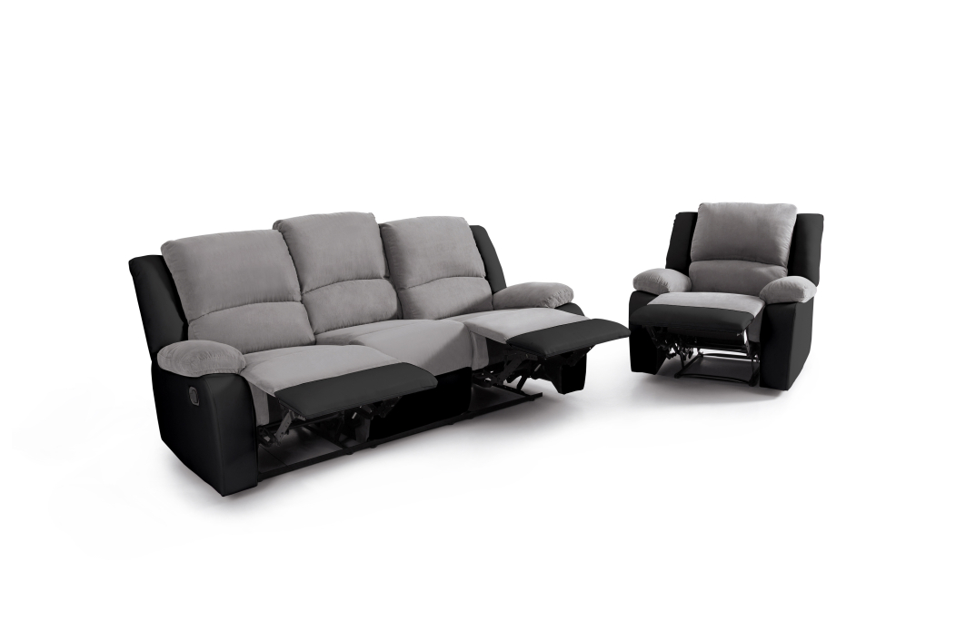 Ensemble de Canapés Relaxation manuel 3 places et 1 place Microfibre Grise / Simili Noir DETENTE
