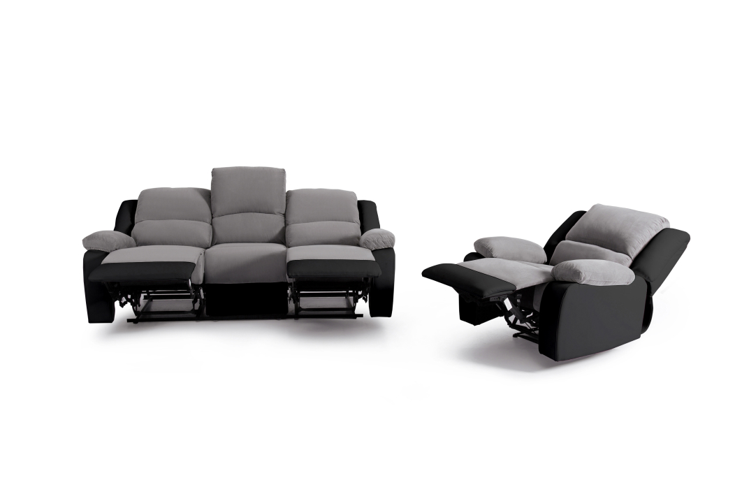 Ensemble de Canapés Relaxation manuel 3 places et 1 place Microfibre Grise / Simili Noir DETENTE