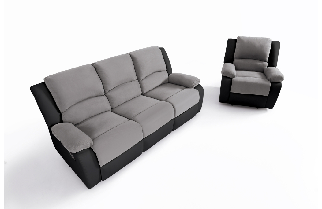 Ensemble de Canapés Relaxation manuel 3 places et 1 place Microfibre Grise / Simili Noir DETENTE