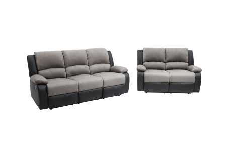 Ensemble de Canapés Relaxation manuel 3 places et 2 places Microfibre Grise / Simili Noir DETENTE