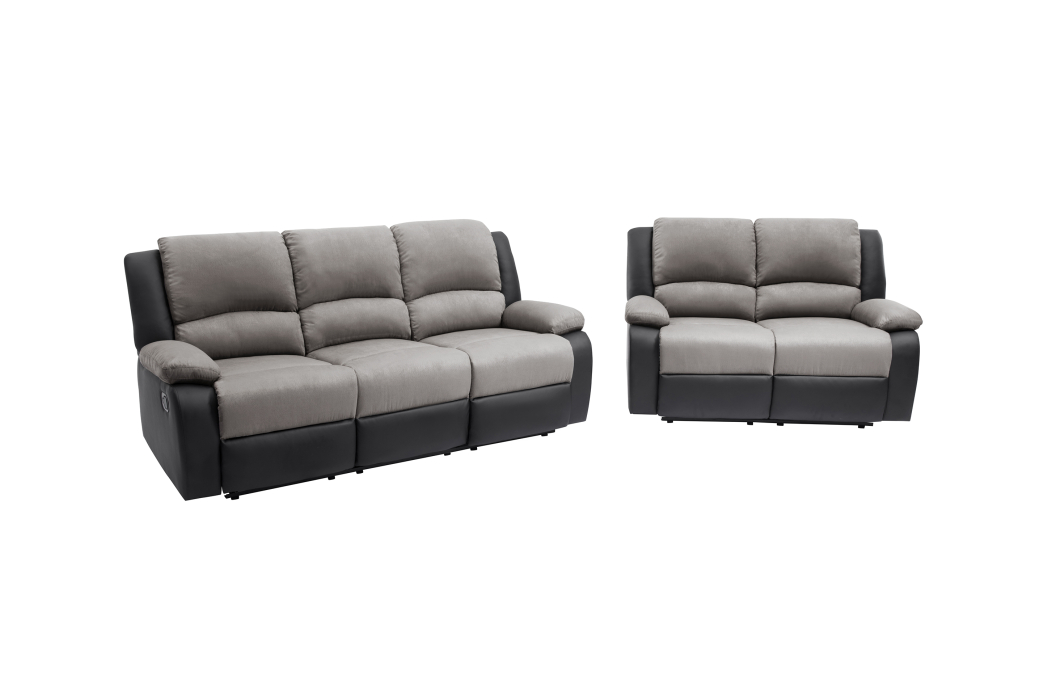 RELAXXO - Ensemble de Canapés Relaxation manuel 3 places et 2 places LEO Microfibre Grise / Simili Noir