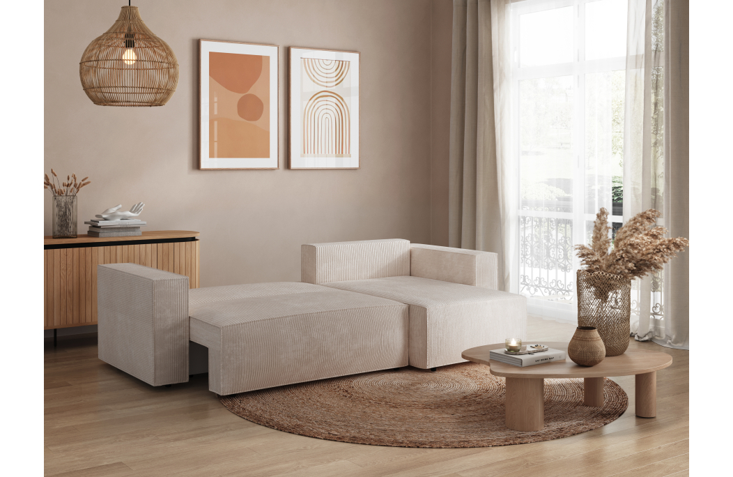 CLARISSE - Canapé d'angle convertible réversible avec coffre en velours côtelé