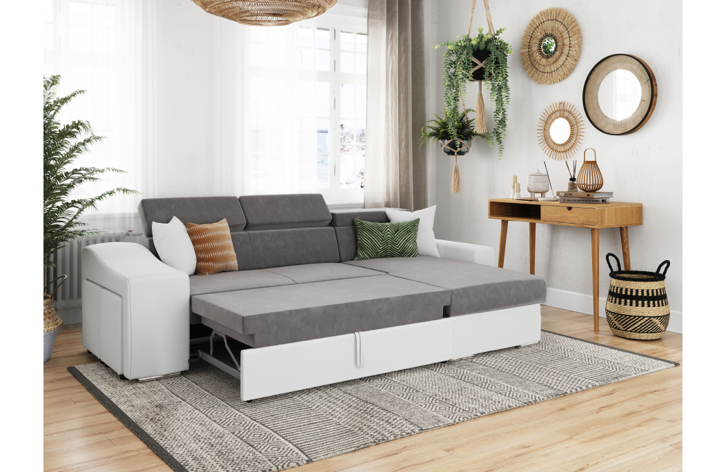 Canapé d'Angle ELONA Convertible en Microfibre et Simili avec poufs
