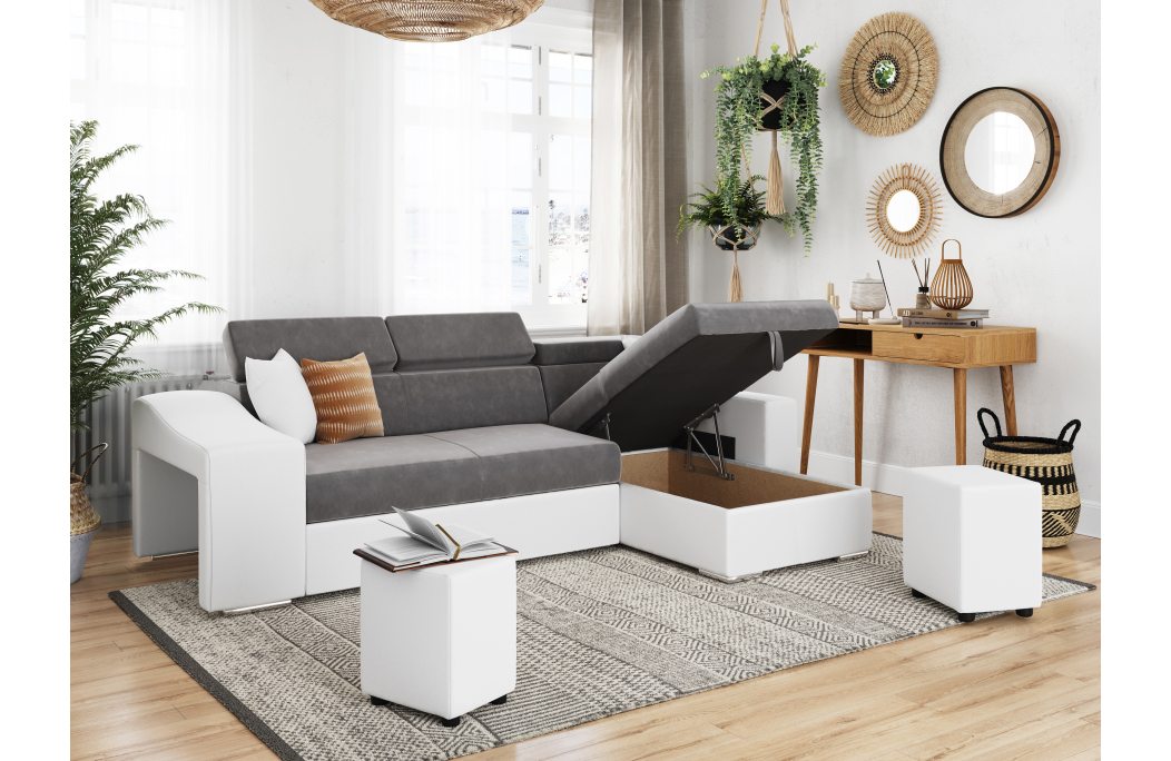 Canapé d'Angle ELONA Convertible en Microfibre et Simili avec poufs