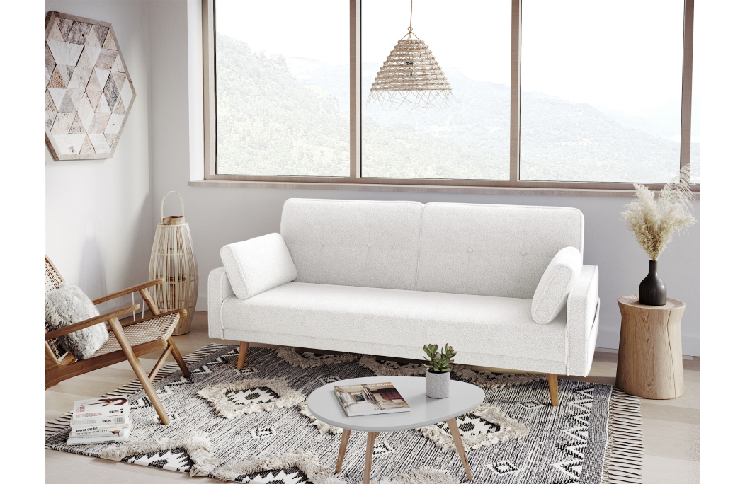 ELGA - Canapé droit 3 places scandinave convertible en tissu bouclette