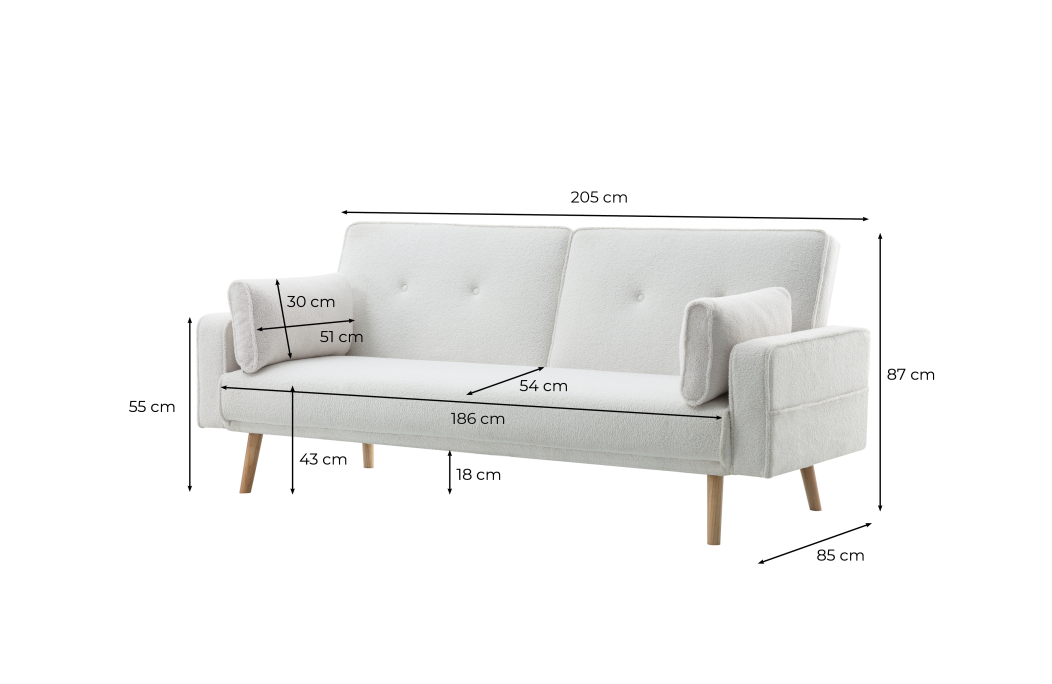 ELGA - Canapé droit 3 places scandinave convertible en tissu bouclette