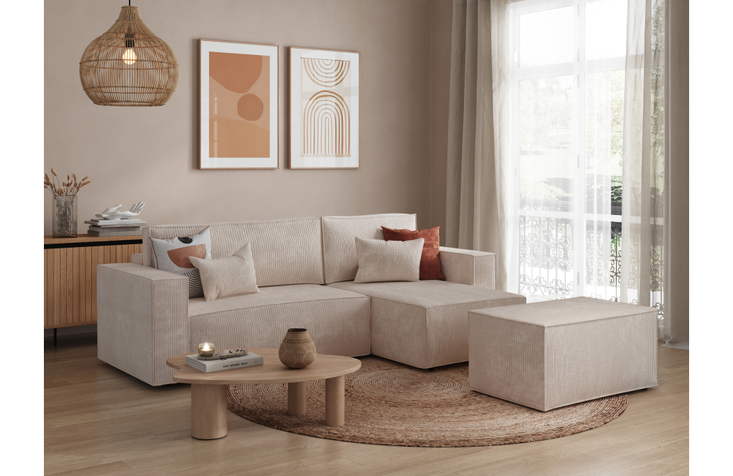 CLARISSE - Canapé d'angle convertible réversible avec pouf en velours côtelé