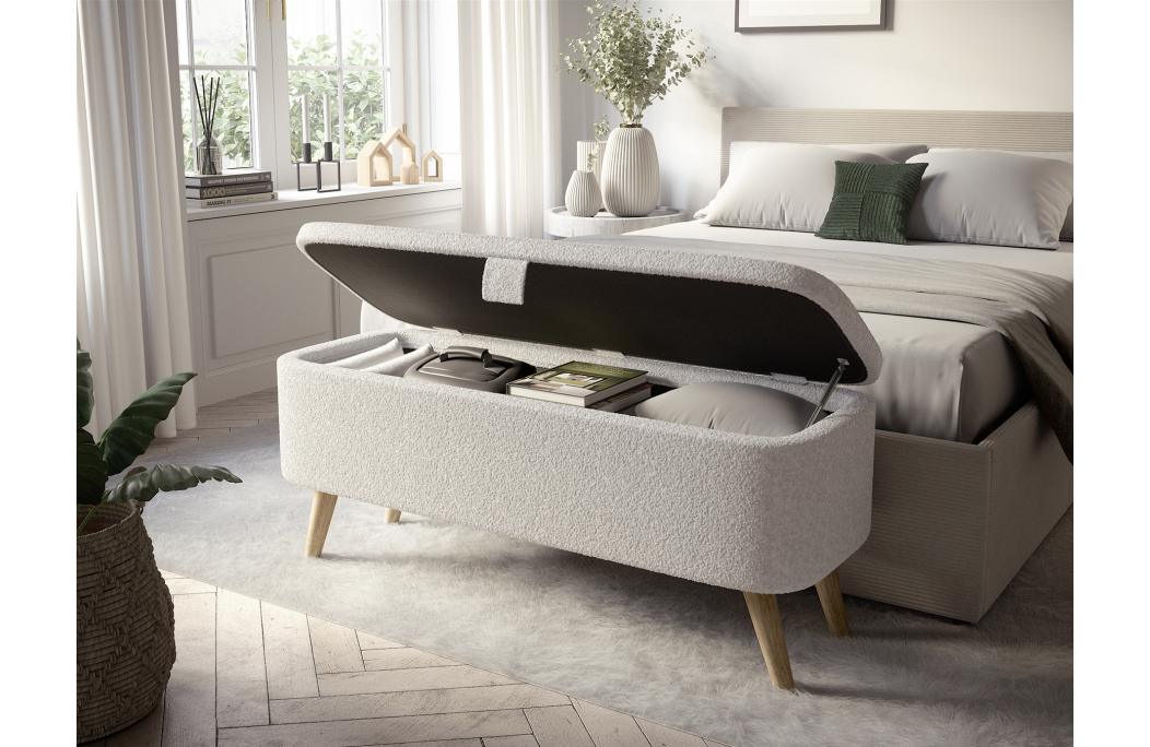 Bout de lit POLY avec coffre de rangement en tissu bouclettes