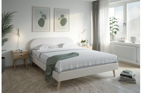 SANDRO - Cadre de lit scandinave avec tête de lit et sommier à lattes en tissu bouclette