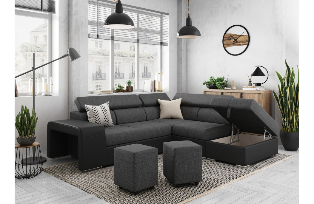 Canapé d'angle SOAN convertible en simili et tissu
