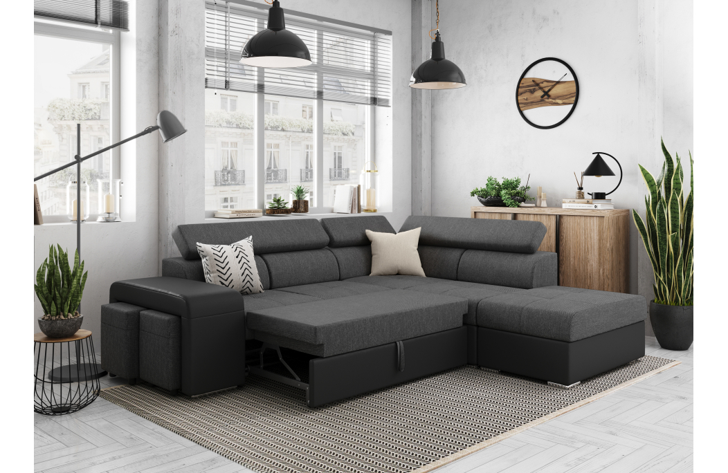 Canapé d'angle SOAN convertible en simili et tissu