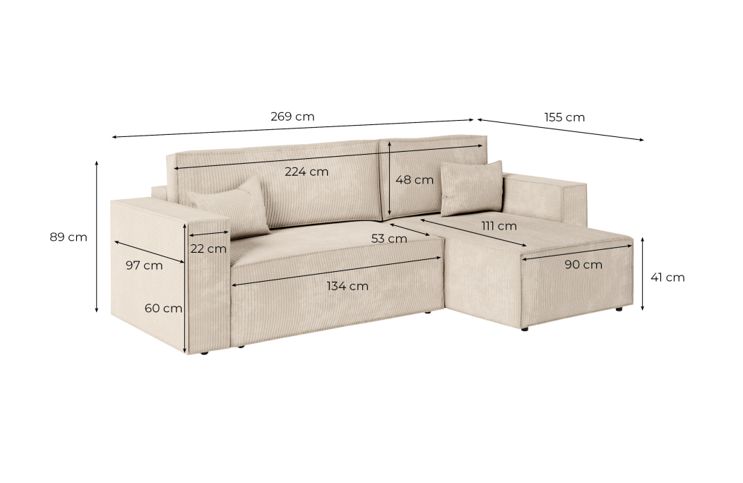 PACK - CLARISSE - Canapé d'angle convertible réversible avec pouf en velours côtelé
