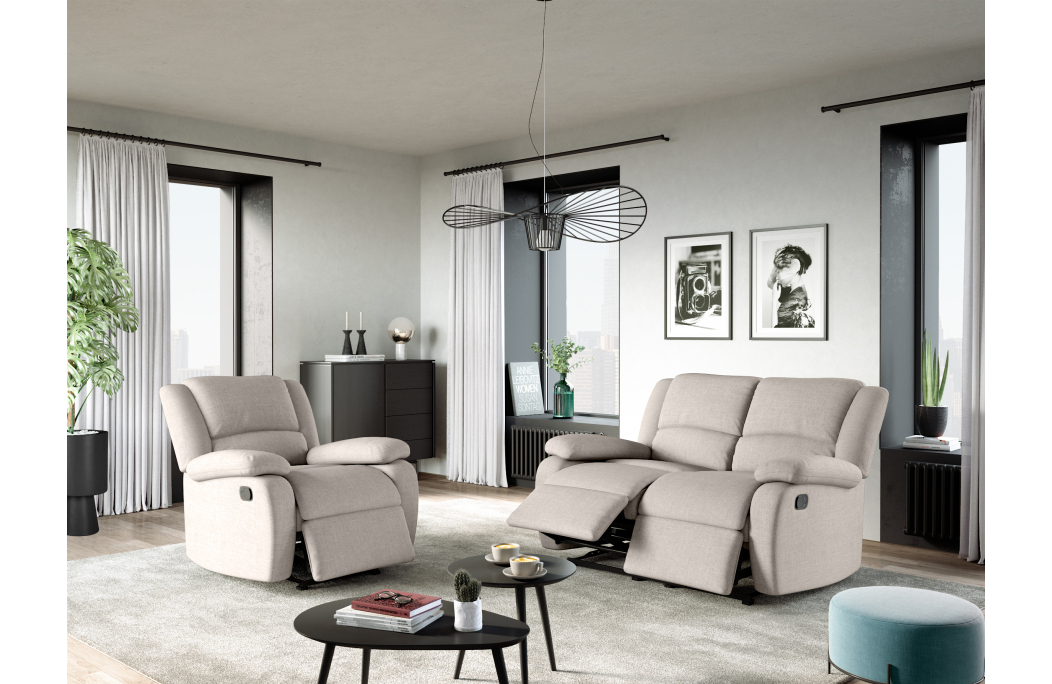 RELAXXO - Ensemble canapé relax manuel LEO 2 places + fauteuil manuel en tissu