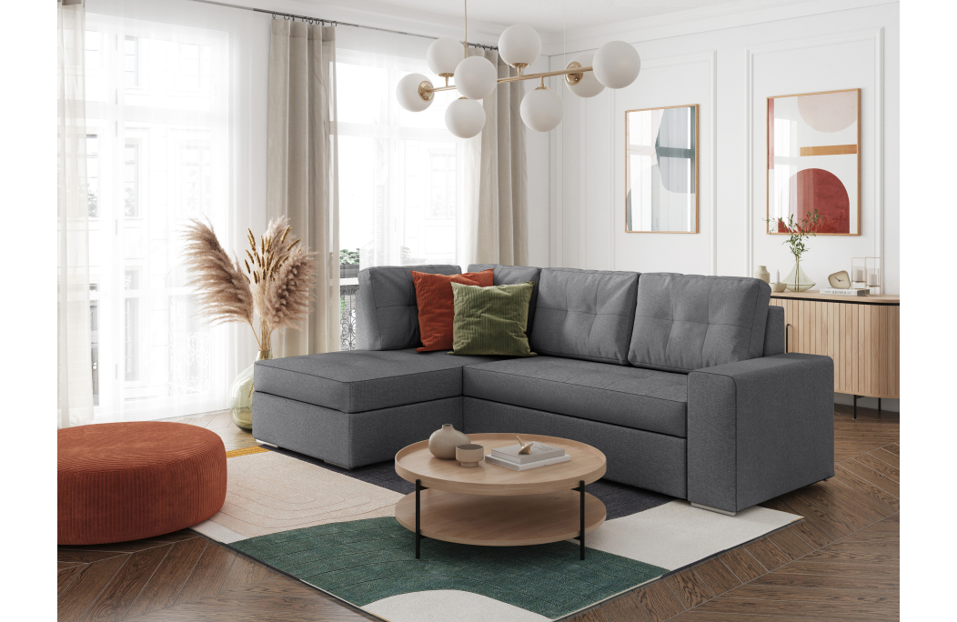 ADEN - Canapé d'angle convertible avec coffre en tissu