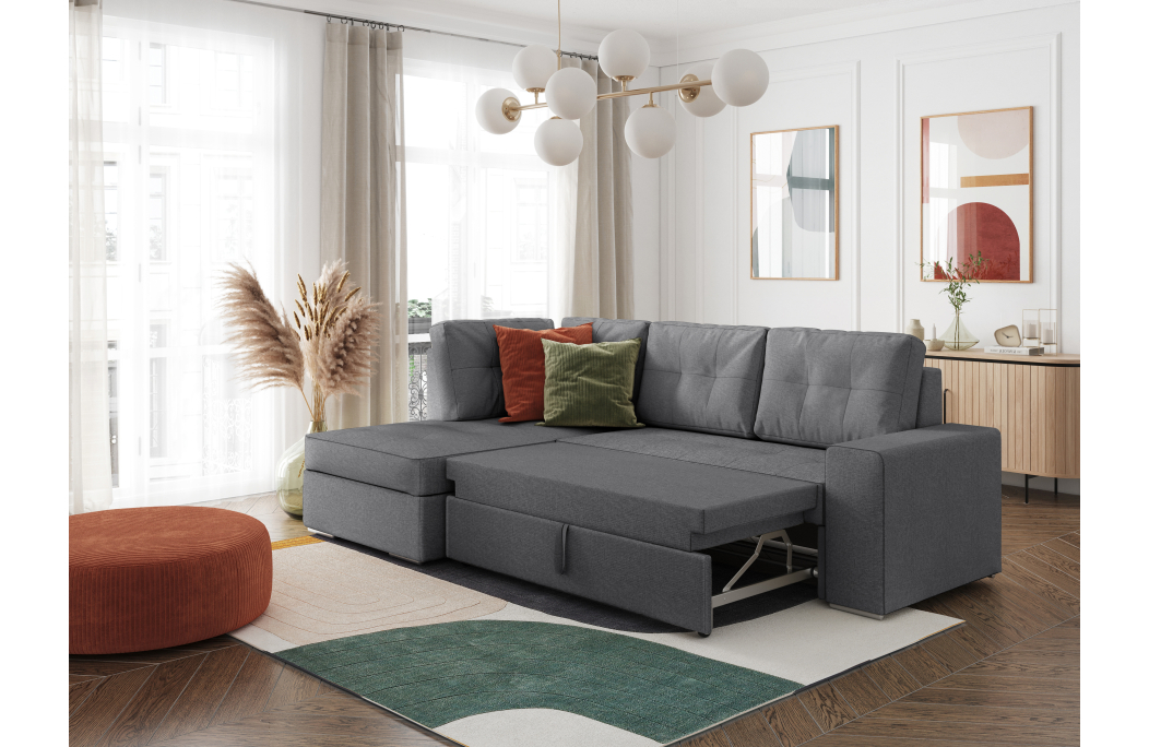 ADEN - Canapé d'angle convertible avec coffre en tissu