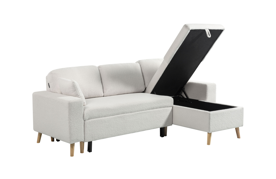 Canapé d'angle MARIA SCANDINAVE réversible convertible avec coffre en tissu bouclettes