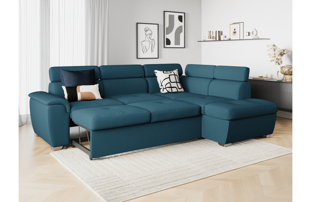 Canapé d'angle PAOLA convertible, 4 places avec coffre en tissu