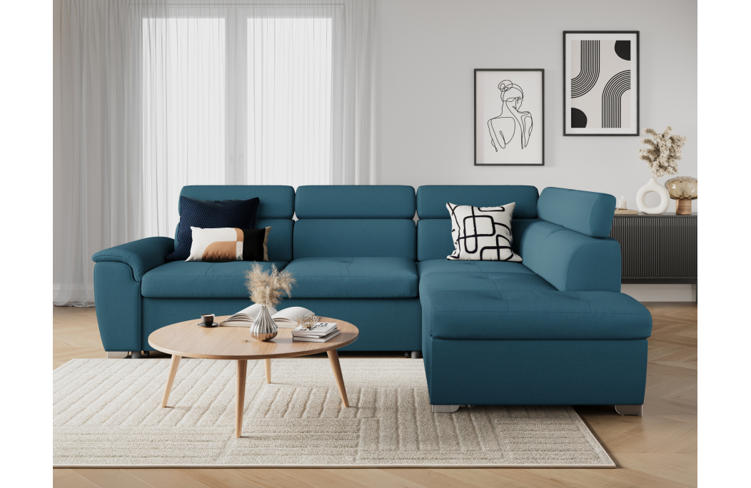 Canapé d'angle PAOLA convertible, 4 places avec coffre en tissu