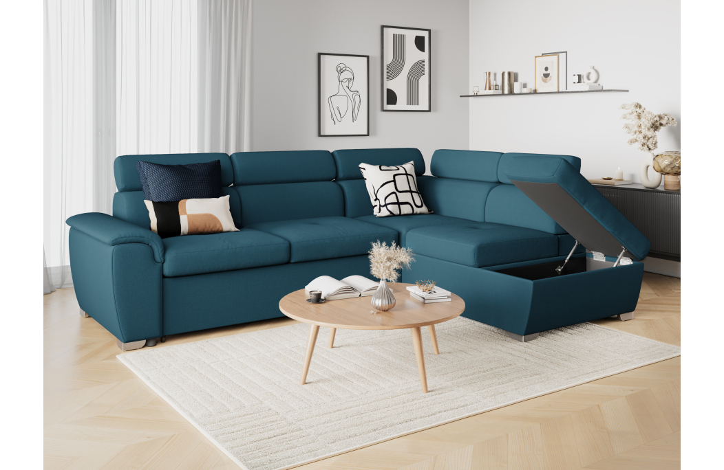 Canapé d'angle PAOLA convertible, 4 places avec coffre en tissu