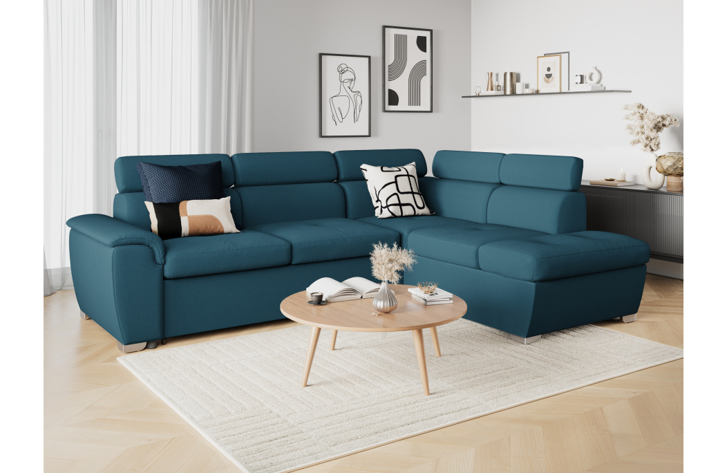 Canapé d'angle PAOLA convertible, 4 places avec coffre en tissu