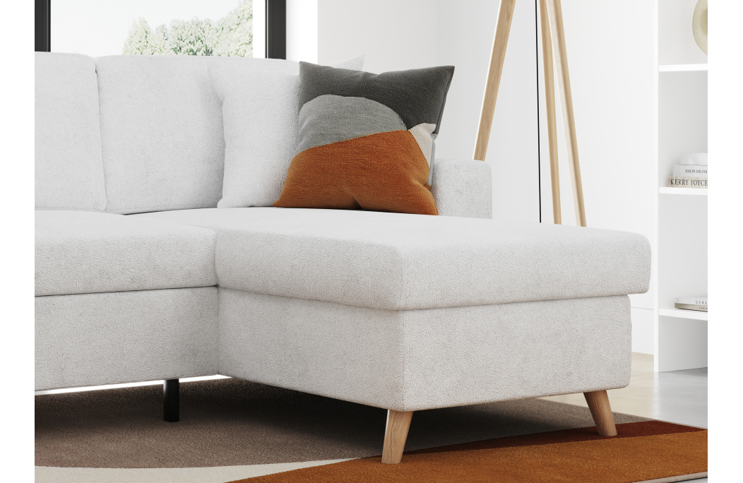 Canapé d'angle MARIA SCANDINAVE réversible convertible avec coffre en tissu bouclettes