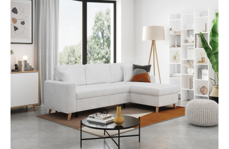 Canapé d'angle MARIA SCANDINAVE réversible convertible avec coffre en tissu bouclettes