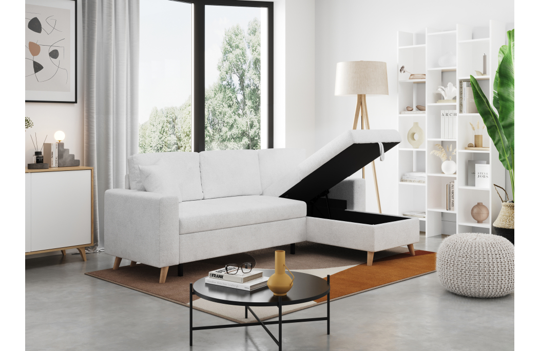 Canapé d'angle MARIA SCANDINAVE réversible convertible avec coffre en tissu bouclettes