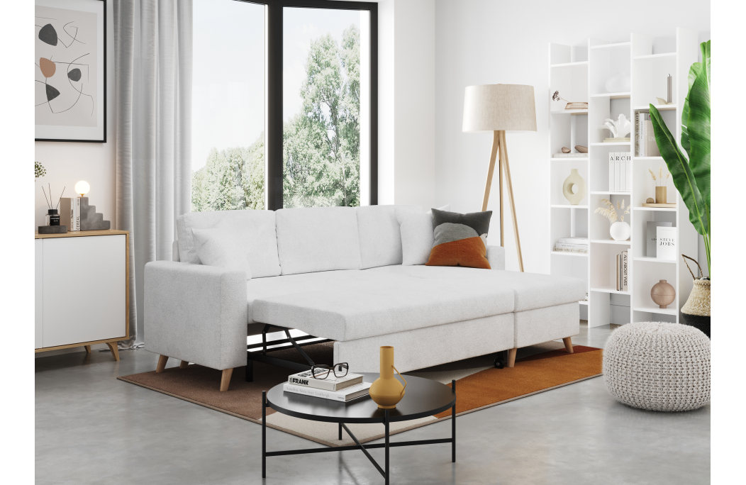 Canapé d'angle MARIA SCANDINAVE réversible convertible avec coffre en tissu bouclettes