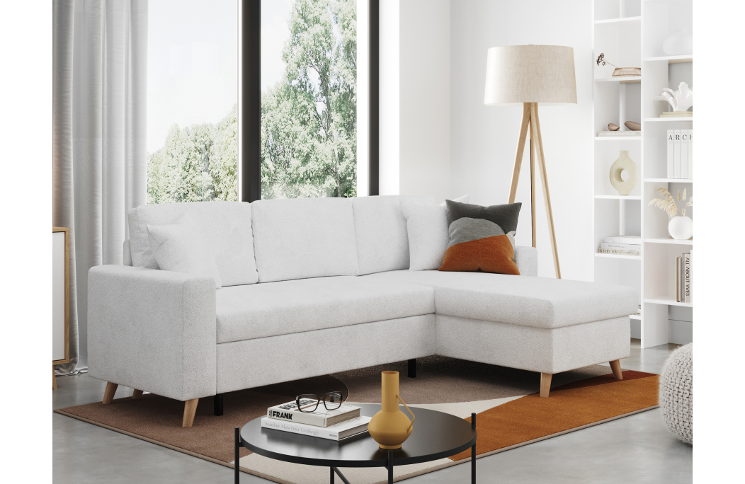 Canapé d'angle MARIA SCANDINAVE réversible convertible avec coffre en tissu bouclettes