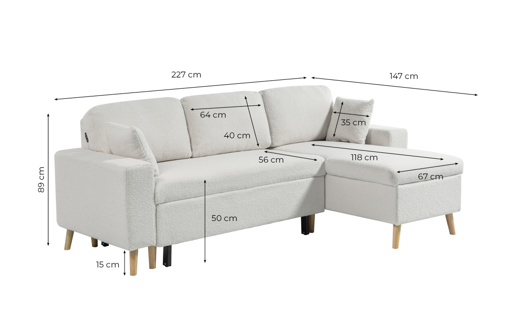 Canapé d'angle MARIA SCANDINAVE réversible convertible avec coffre en tissu bouclettes