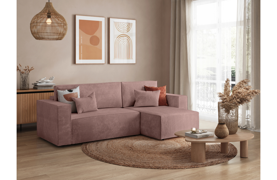 CLARISSE - Canapé d'angle convertible réversible avec coffre en velours côtelé