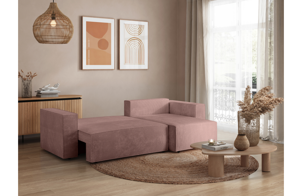 CLARISSE - Canapé d'angle convertible réversible avec coffre en velours côtelé