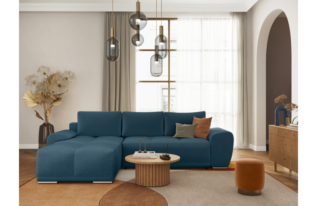 CASSANDRA - Canapé d'angle convertible avec coffre en tissu