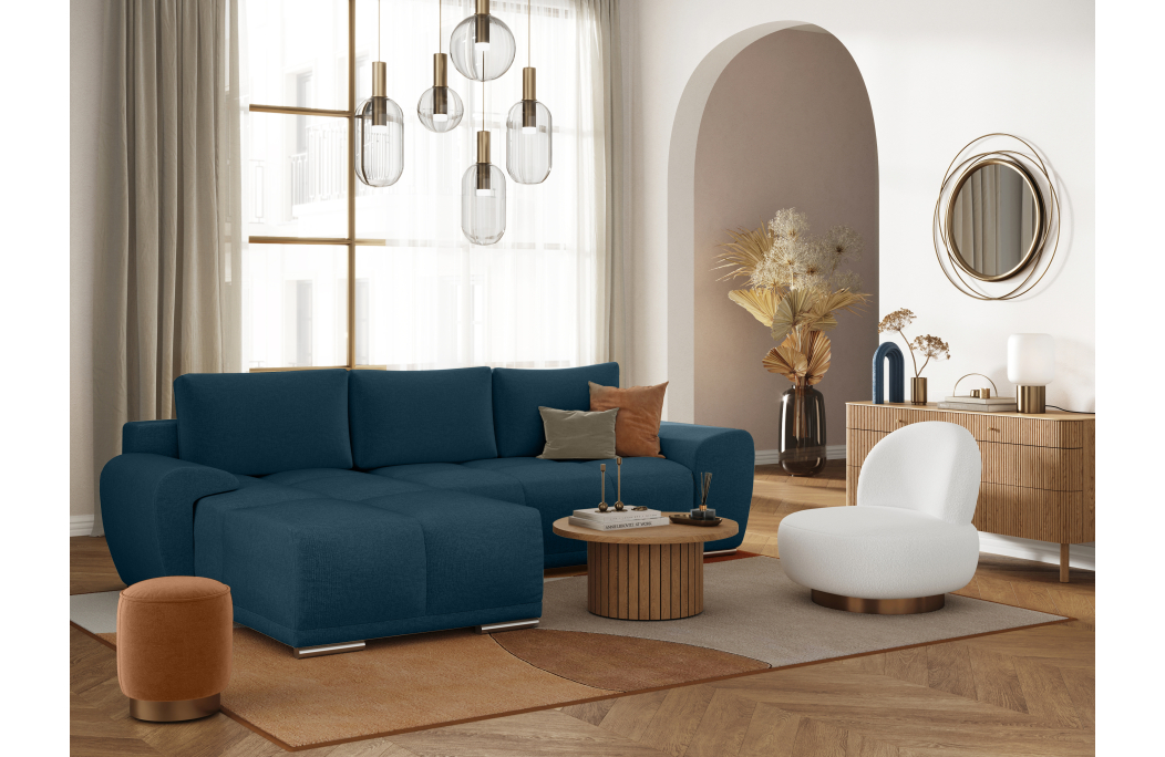 CASSANDRA - Canapé d'angle convertible avec coffre en tissu