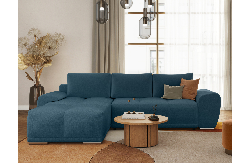 CASSANDRA - Canapé d'angle convertible avec coffre en tissu