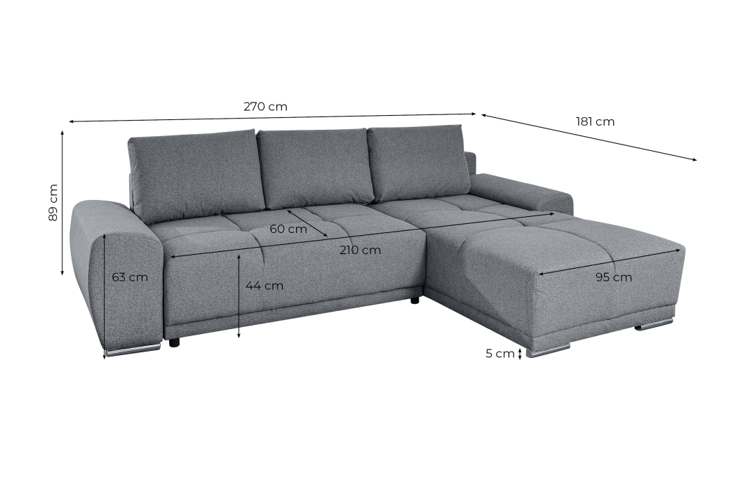 CASSANDRA - Canapé d'angle convertible avec coffre en tissu