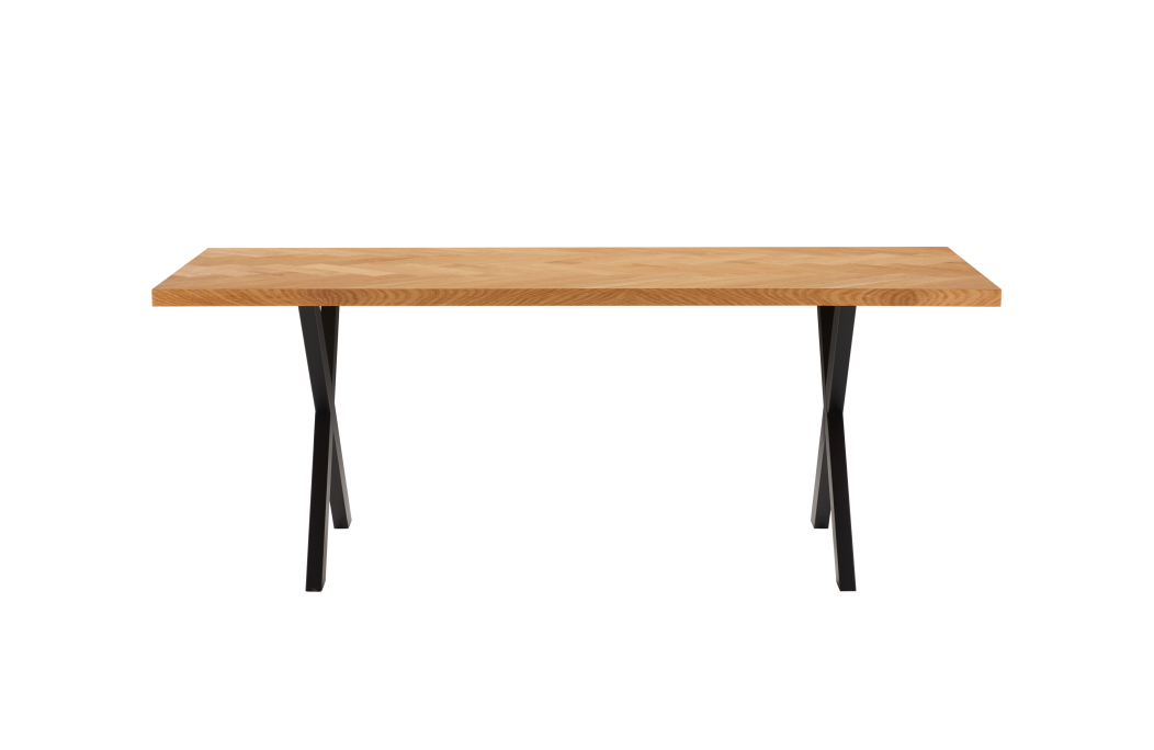 Table à manger FILAR avec plateau chevron finition chêne et pieds métal noir - 200x90 cm