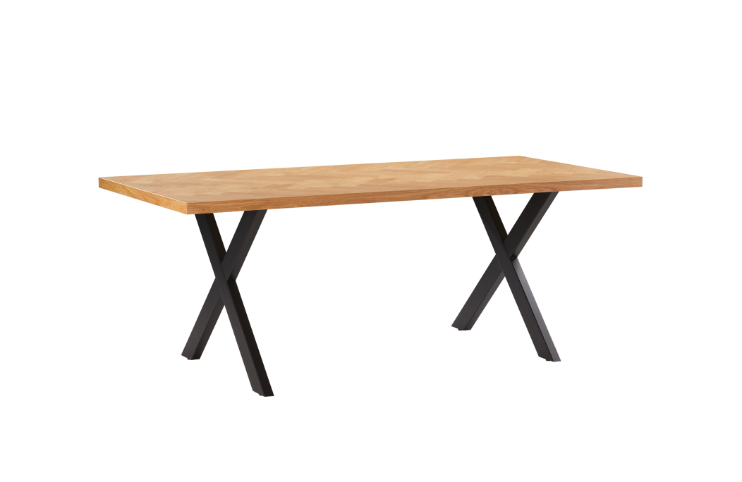Table à manger FILAR avec plateau chevron finition chêne et pieds métal noir - 200x90 cm