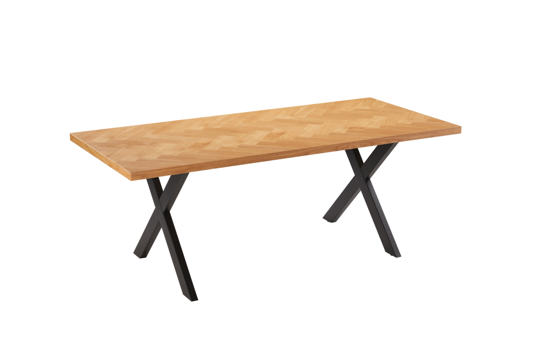 Table à manger FILAR avec plateau chevron finition chêne et pieds métal noir - 200x90 cm