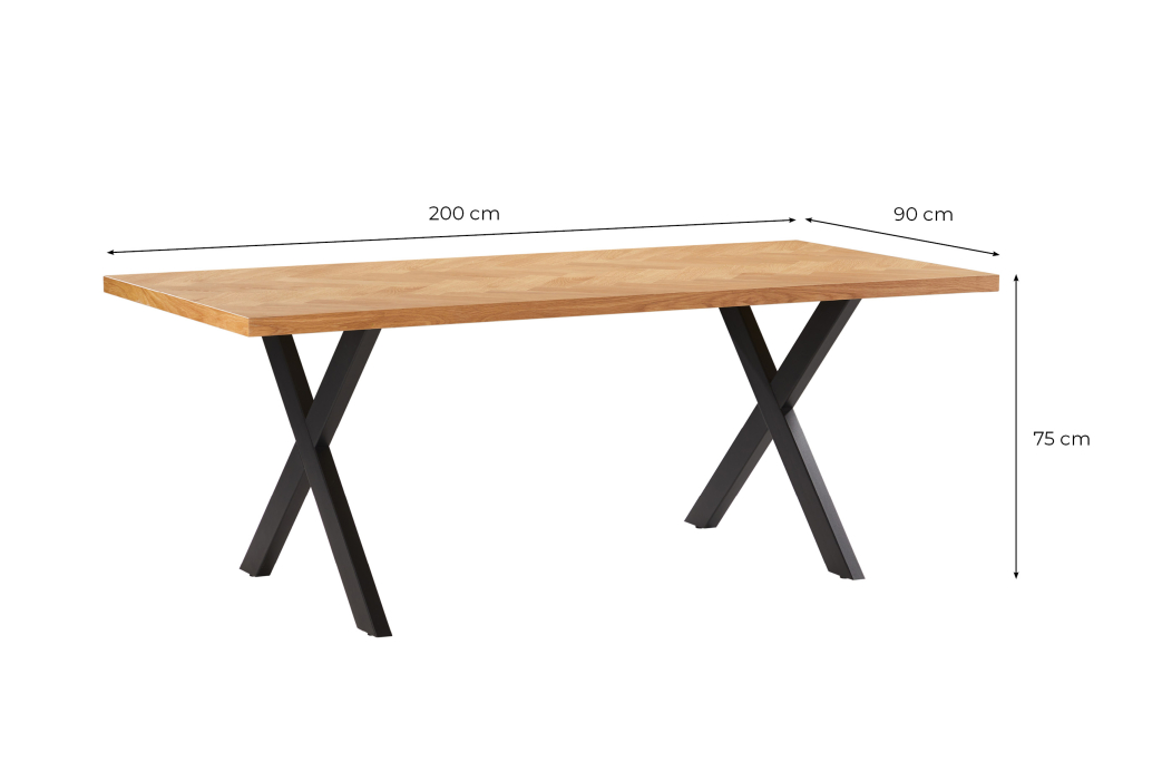 Table à manger FILAR avec plateau chevron finition chêne et pieds métal noir - 200x90 cm