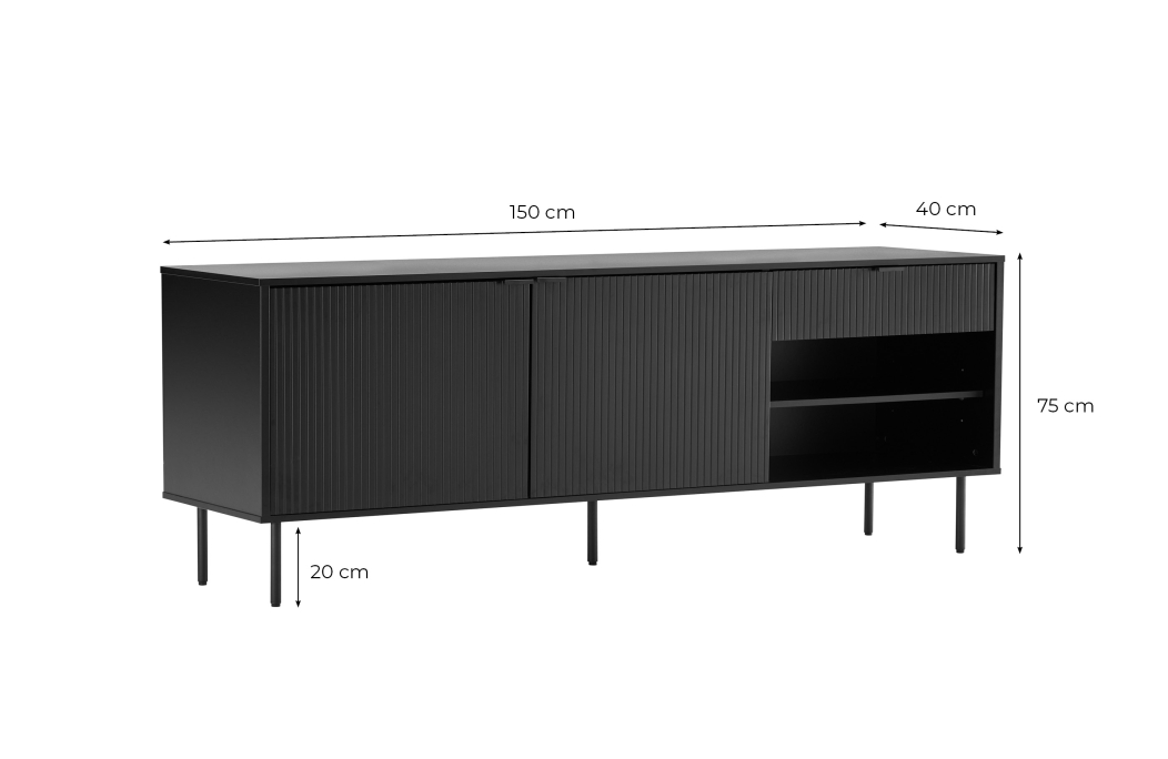 Buffet 2 portes et 1 tiroir PAYTON à lattes noir - 150x40 cm
