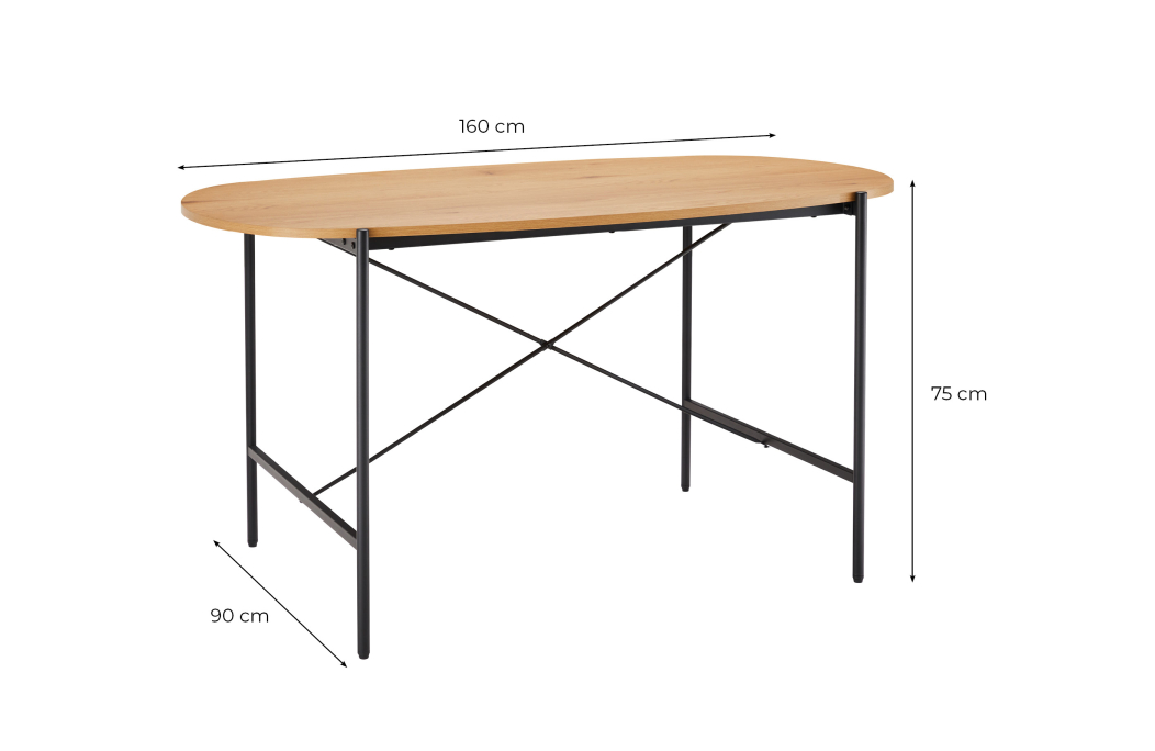 Table à manger BRODIE avec finition chêne et pieds métal noirs - 160x90 cm