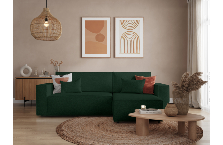 CLARISSE - Canapé d'angle convertible réversible avec coffre en tissu bouclettes