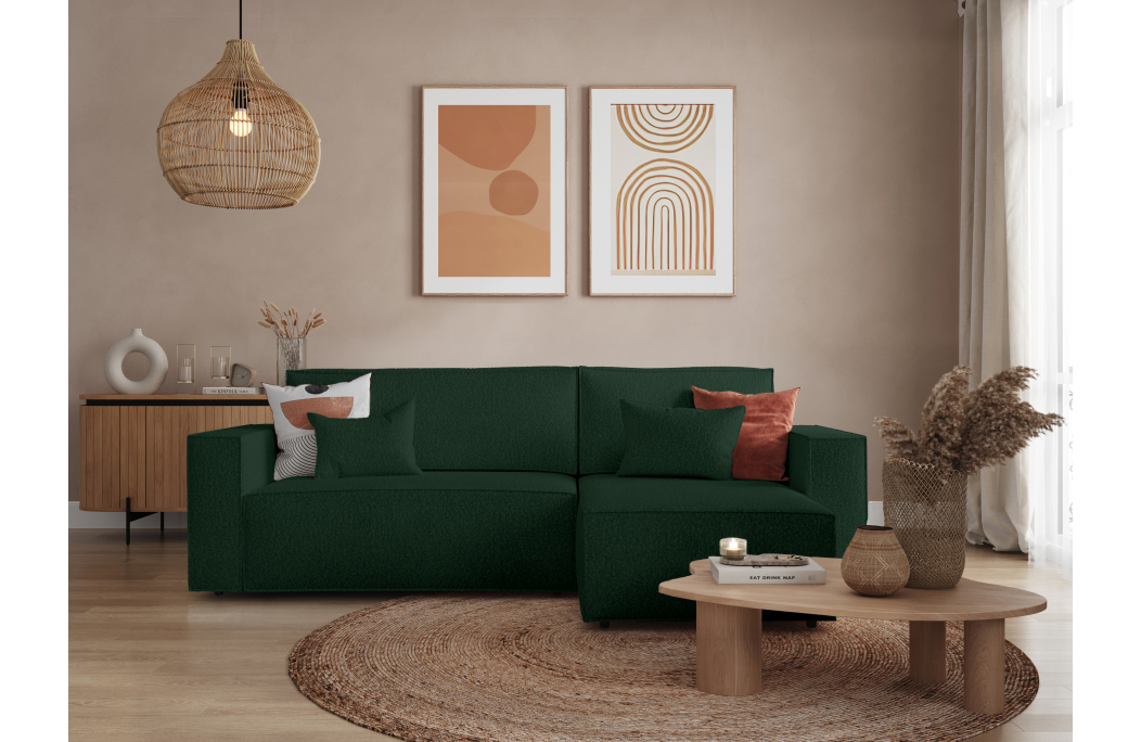 CLARISSE - Canapé d'angle convertible réversible avec coffre en tissu bouclettes