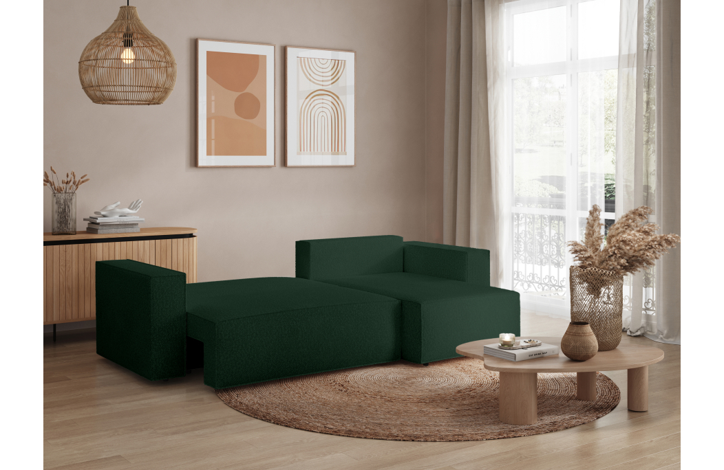 CLARISSE - Canapé d'angle convertible réversible avec coffre en tissu bouclettes