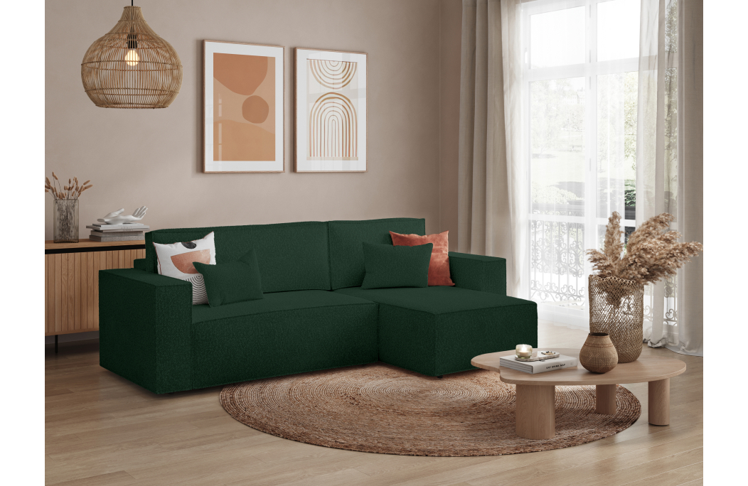 CLARISSE - Canapé d'angle convertible réversible avec coffre en tissu bouclettes