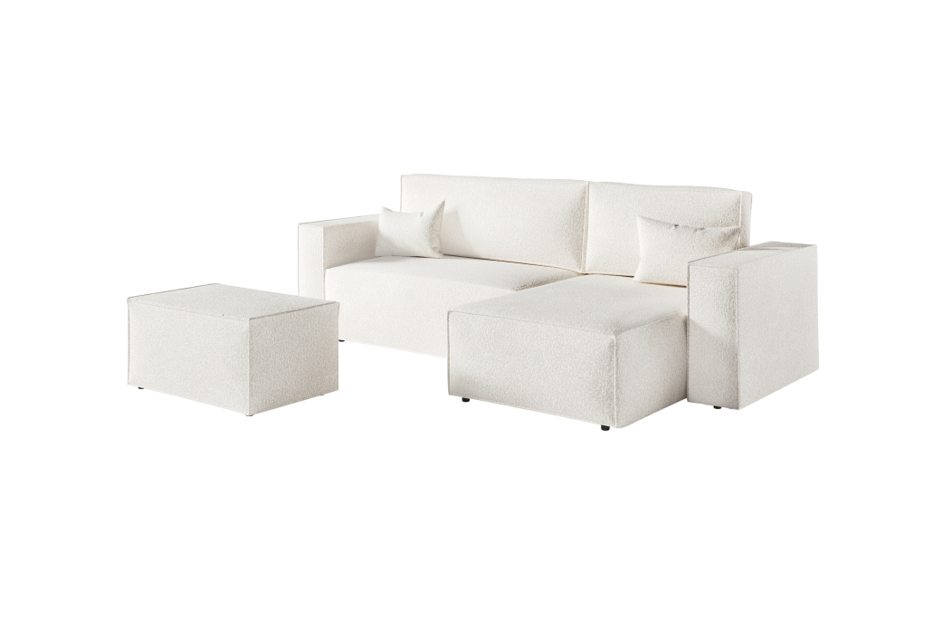 PACK - CLARISSE - Canapé d'angle convertible réversible avec pouf en tissu bouclettes
